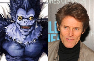 Images: Ryuk as drawn by Takeshi Obata in the maga, Dafoe photo by Andy Kropa/Invision/AP